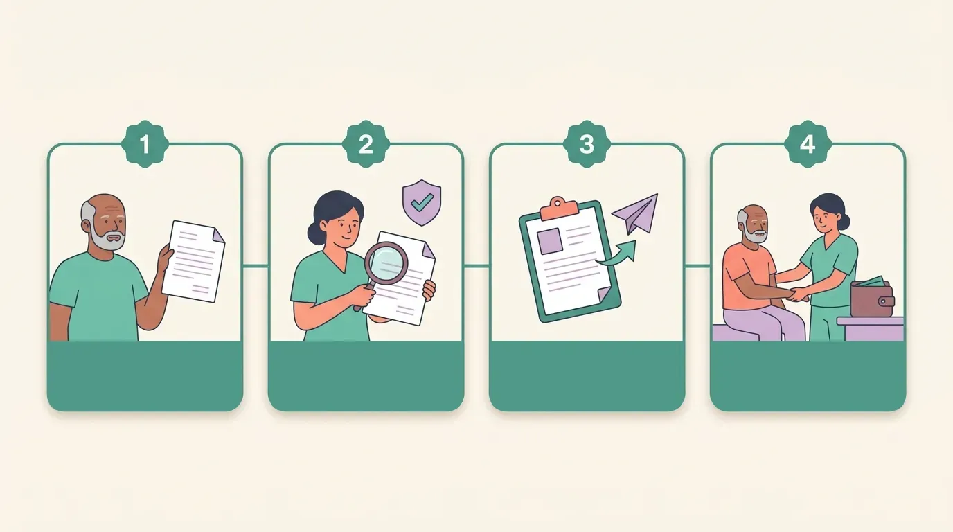 Four numbered panels: an older man holds a document; a clinician examines another with a magnifying glass; a clipboard, arrow, and paper airplane represent sending paperwork; and the clinician works with the man's arm beside a wallet